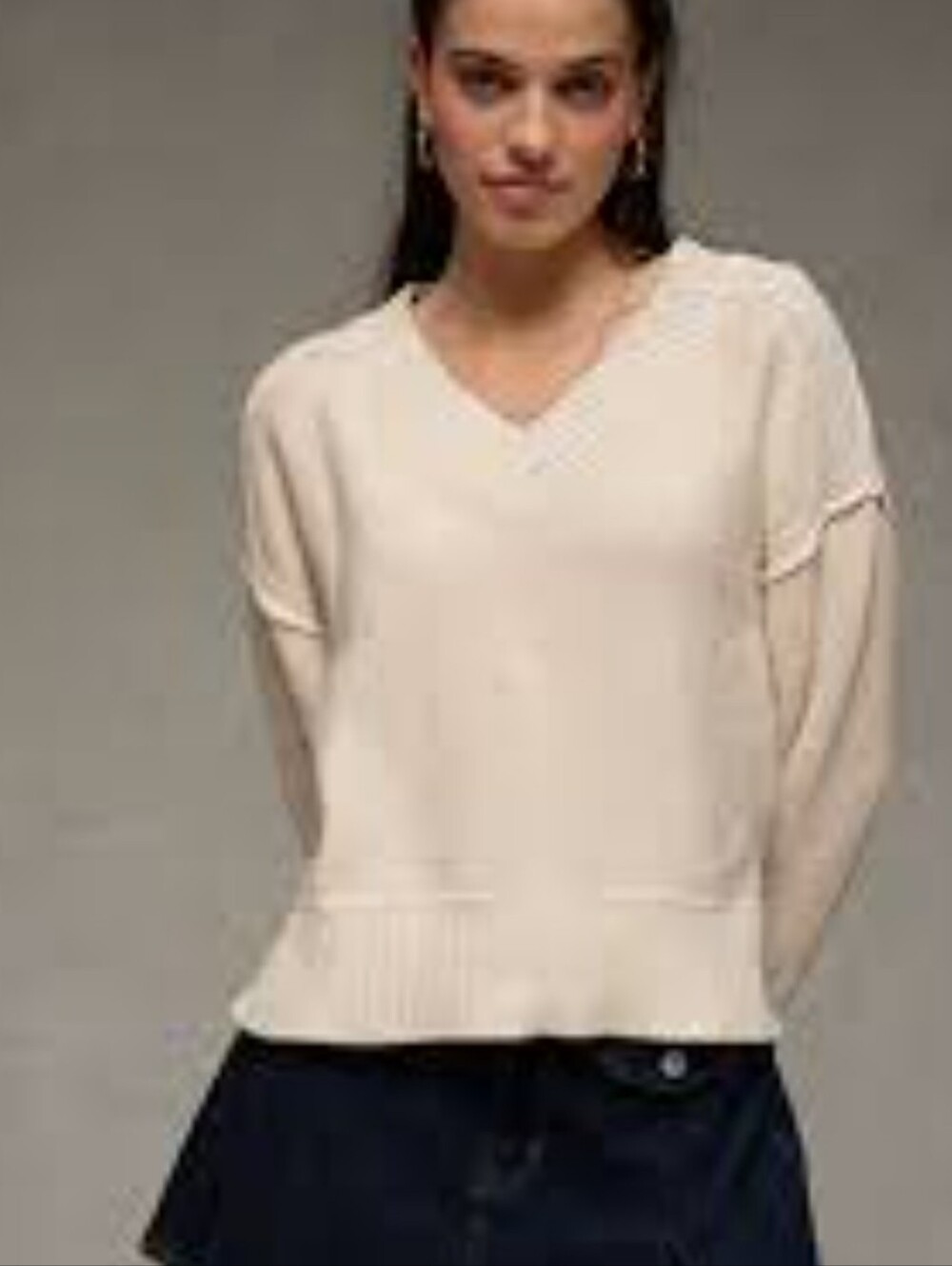 American Eagle Outfitters Cream V-Neck Drop Shoulder Sweater